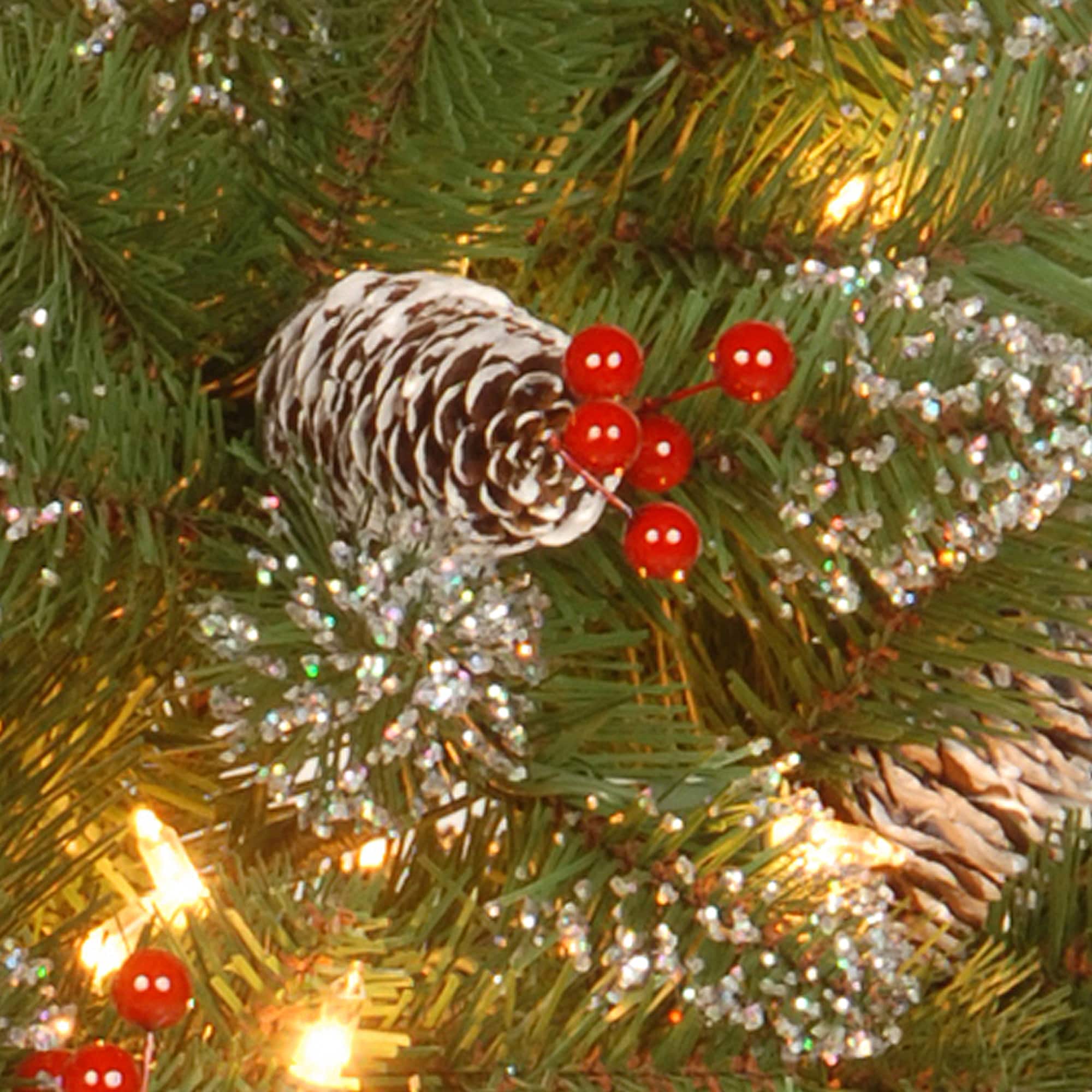 24" Glittery White Edged Cones & Red Berries Mountain Spruce Wreath With Warm White LED Lights
